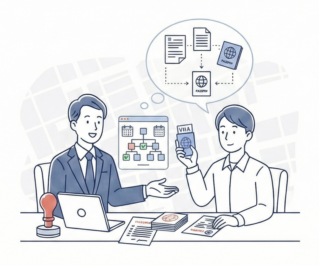 特定技能ビザ申請手続きと入管書類作成のプロセスを表すイラスト